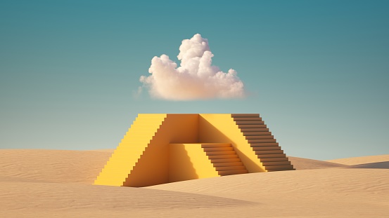 3d render, Surreal desert landscape. White clouds in the blue sky, fly above the high yellow pyramid with stairs. Modern minimal abstract background. Challenge concept.