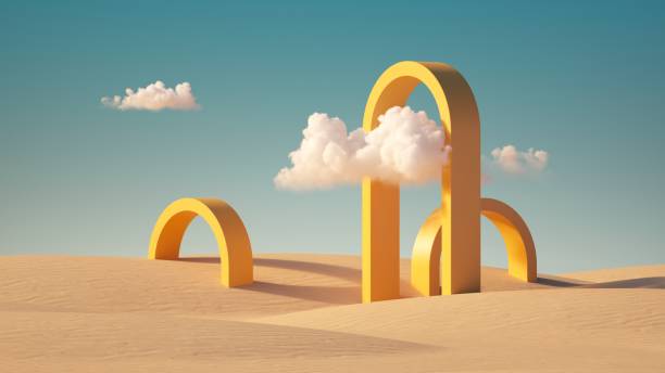 istock 3d render, Surreal desert landscape with yellow arches and white clouds in the blue sky. Modern minimal abstract background 1284760251
