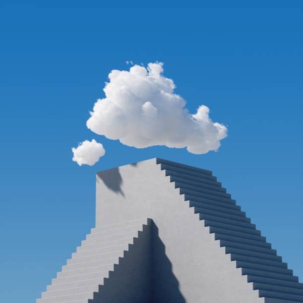 istock 3d render, white clouds hang above the high concrete pyramid with stairs, under the blue sky. Modern minimal surreal background, challenge concept. Abstract urban cloudscape on a sunny day 1284760259