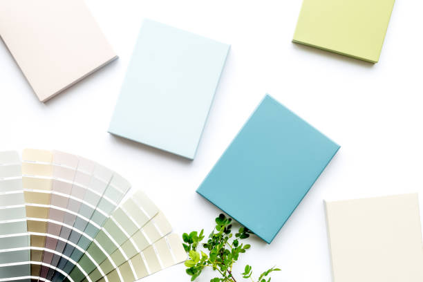 istock Wooden stoneware and kitchen countertops samples on the table, flat lay 1284760266