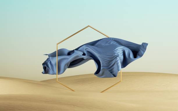 istock 3d render, abstract modern minimal fashion background with falling textile cloth and hexagon on a desert landscape, blue drapery flies above the sand dunes, silk fabric levitates above the ground 1284760323