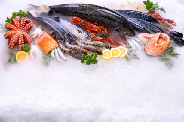 istock Top view fresh seafood on ice background with copyspae 1284760493