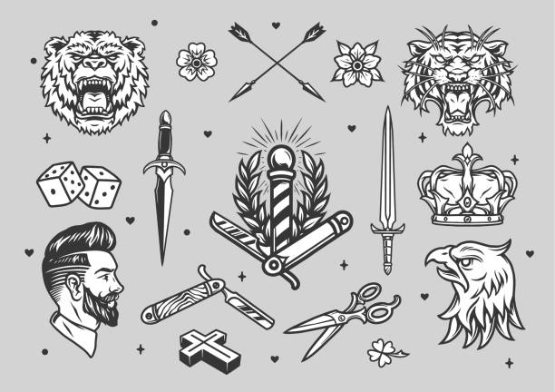 Vintage tattoos monochrome set Vintage tattoos monochrome set with barber animals arrows swords crown dice flowers designs isolated vector illustration shamrock tattoo stock illustrations