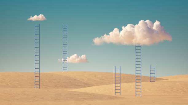 istock 3d render, Surreal desert landscape with ladders under the white clouds on sunny day. Modern minimal abstract background. Challenge metaphor 1284761248