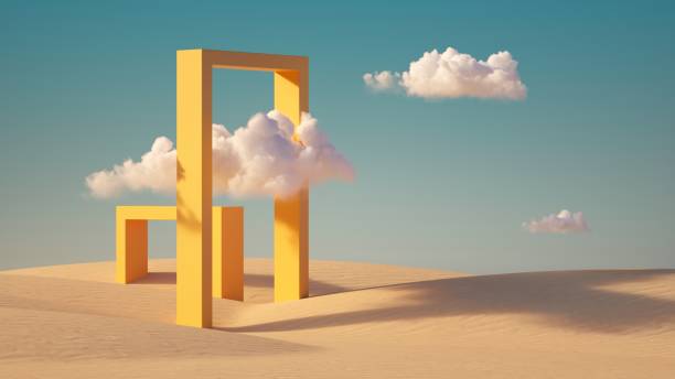 istock 3d render, Surreal desert landscape with white clouds going into the yellow square portals on sunny day. Modern minimal abstract background 1284761812