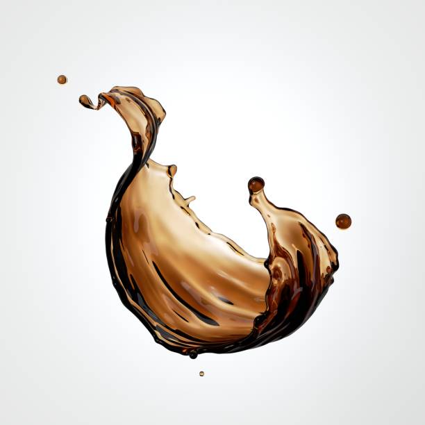 3d render, tea or coffee liquid splash, brown liquid wavy jet, splashing wave clip art isolated on white background.