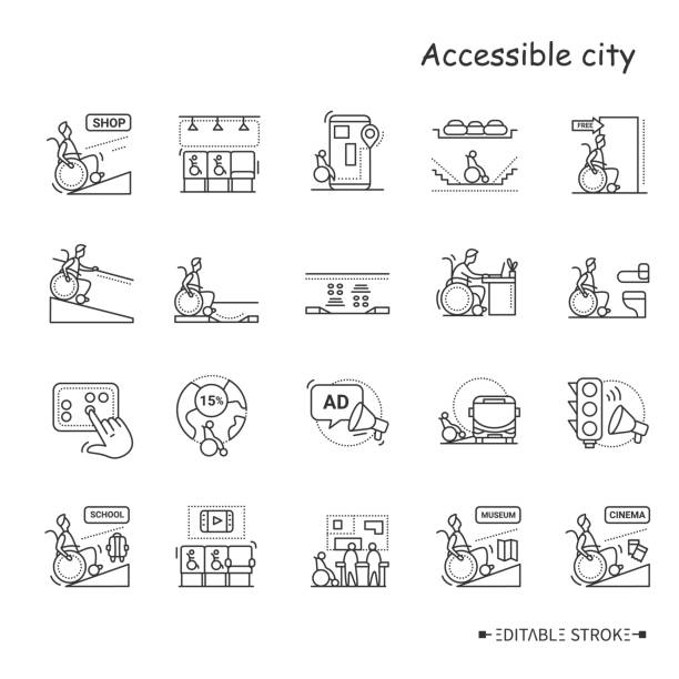 Assesible city line icons set. Editable Assesible city line icons set. Accessible for disabled people public places, transport.Barriers-free environment and social adapting for disabled people.Isolated vector illustrations.Editable stroke sidewalk icon stock illustrations
