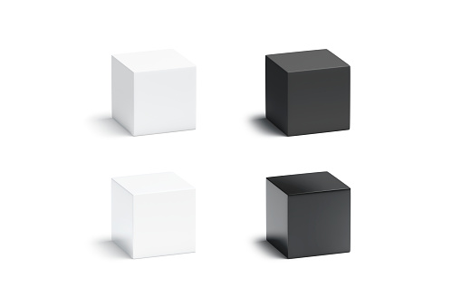 Blank black and white gloss and matte cube mockup set, 3d rendering. Empty plastic or metallic cuboid shape mock up, isolated. Clear glossy and mat geometric pedestal template.