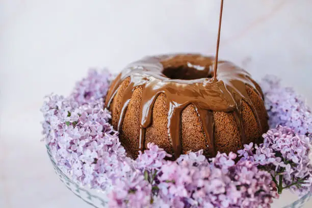 Sweet chocolate cake with lilac decoration and melted chocolate on a natural background. Hot chocolate leaking