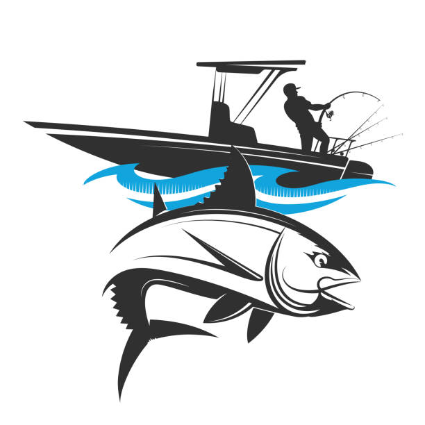 ilustrações de stock, clip art, desenhos animados e ícones de fisherman with a fishing rod on a motor boat - tuna fish silhouette saltwater fish