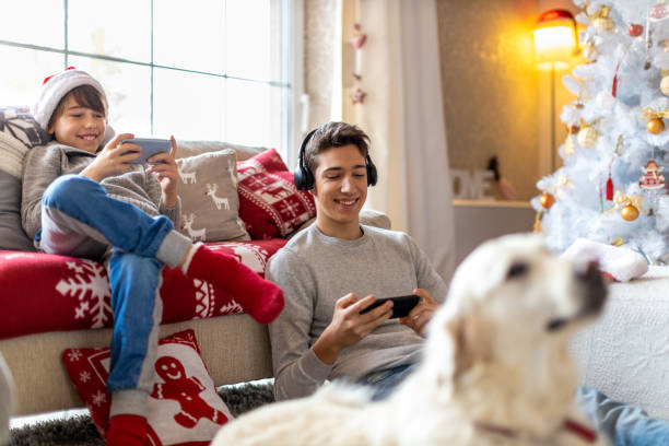 Two brothers using gaming devices on Christmas Eve