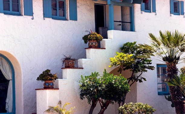 Blue framed white traditional house. AlacatA/Turkey