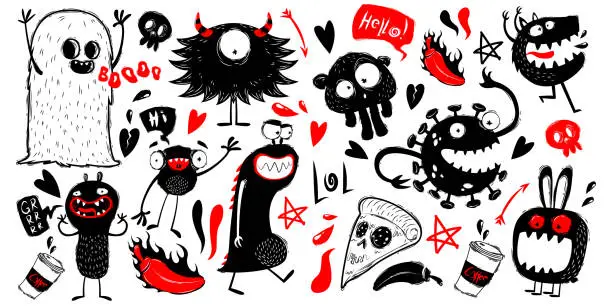 Vector illustration of Doodle monsters characters on white background. Monsters and ghosts hand draw style. Collection of monsters silhouettes. Vectro illustration