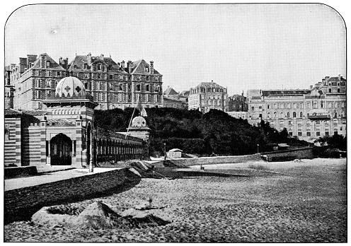 Villa Eugénie in Biarritz, France. Vintage half tone photo etching circa 19th century. The original building was damaged by fire in 1903 and rebuilt.