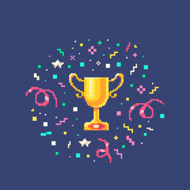 Pixel art set gold winner cup with confetti burst. Pixel art set gold winner cup with confetti burst. Vector illustration. pixelated illustrations stock illustrations