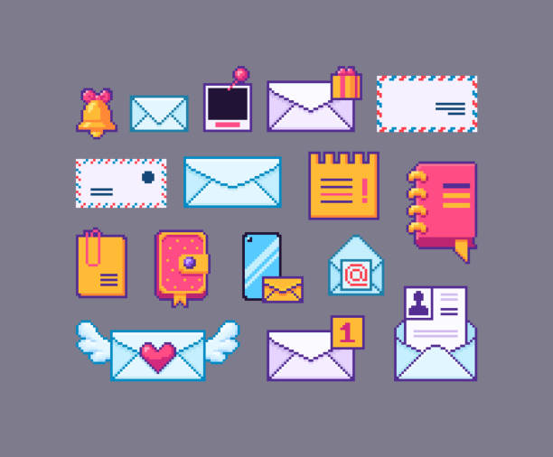 ilustrações de stock, clip art, desenhos animados e ícones de pixel art set of mail icons. - personal organizer telephone group of objects diary