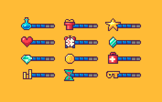 Pixel art game interface elements for mana, energy, stamina, time, bonus. GUI icons with indicators. Vector illustration.
