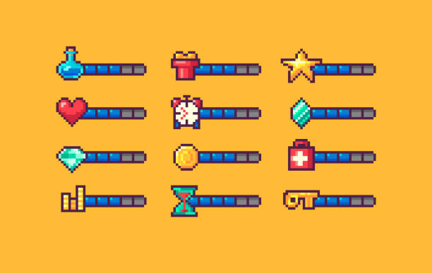 Pixel art game interface elements for mana, energy, stamina, time, bonus. Pixel art game interface elements for mana, energy, stamina, time, bonus. GUI icons with indicators. Vector illustration. number 16 stock illustrations