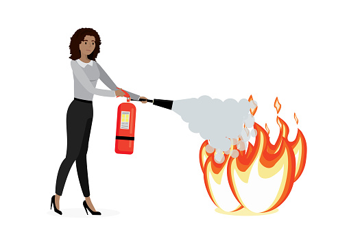 Woman office worker holds red fire extinguisher. Cartoon female employee extinguishes fire, isolated on white background. Foam puts out flame. Dangerous situation. Flat vector illustration