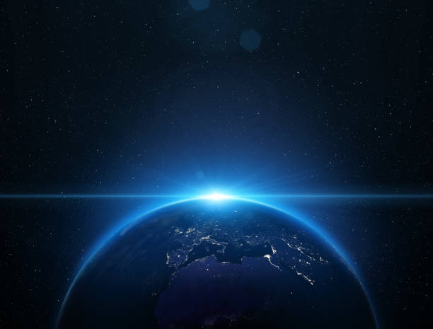 terra dallo spazio di notte. - satellite view earth globe sunrise foto e immagini stock
