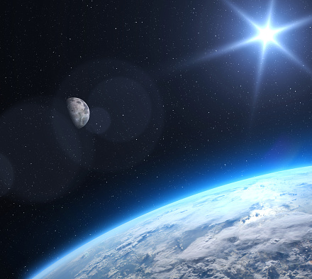 Blue planet Earth and moon in deep space.Science fiction wallpaper. Elements of this image furnished by NASA. ______ Url(s): 
https://images.nasa.gov/details-iss040e007763
https://www.nasa.gov/multimedia/imagegallery/image_feature_1538.html
Software: Adobe Photoshop CC 2015. Knoll light factory. Adobe After Effects CC 2017.