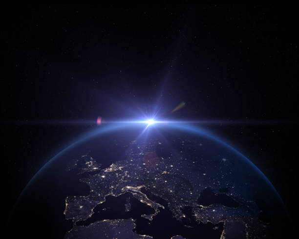 pianeta terra dallo spazio di notte. - satellite view earth globe sunrise foto e immagini stock