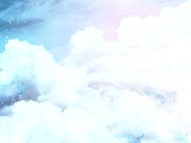 Angelic heaven clouds vector design background. Angelic heaven clouds vector design background. Glamour fairytale backdrop. Plane sky view with white snow. Watercolor frozen style texture. Delicate card. Elegant decoration. Fantasy pastel color winter cloth pictures stock illustrations