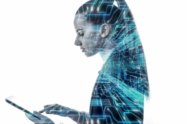 Double exposure of woman and technology Double exposure of young woman using smartphone and technology illusion photos stock pictures, royalty-free photos & images