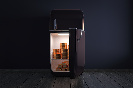 dark refrigerator secret - shining gold and golden coins stack inside retro fridge in an dark empty room - 3d render