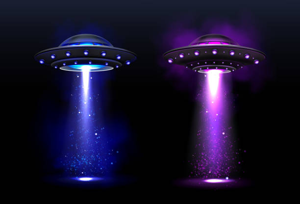 Um desenho animado de um ovni com uma luz azul que diz 'alien' on it