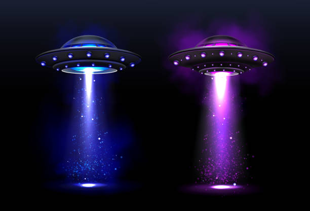Alien spaceships, ufo with color light beam Alien spaceships, ufo with blue and purple light beam. Vector realistic illustration of futuristic flying saucer, unidentified round rocket. Clipart of galaxy spacecraft, glow rocketship alien invasion stock illustrations