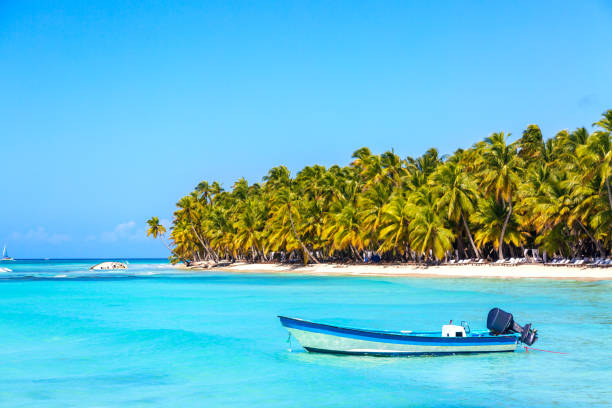 istock Summer vacation and tropical beach concept. Blue boat against sandy beach with palms and turquoise sea. Vacation island. 1284781444