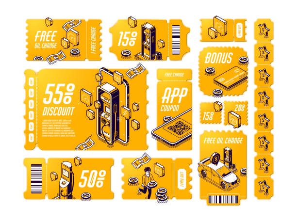 무료 오일 변경 세트에 대한 이소메트릭 할인 쿠폰 - oil distribution stock illustrations