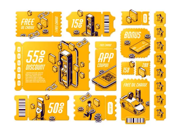 Vector illustration of Isometric discount coupons for free oil change set