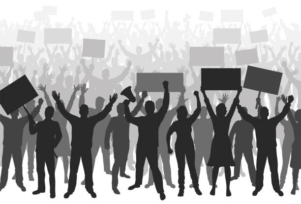 Crowd of protesters. Revolution and demonstration. Horizontal banner Crowd of protesters. Silhouettes of people with hands raised up, with banners and megaphone. Demonstration, strike and revolution concept. Political protest and the fight for human rights. Vector strike protest action stock illustrations