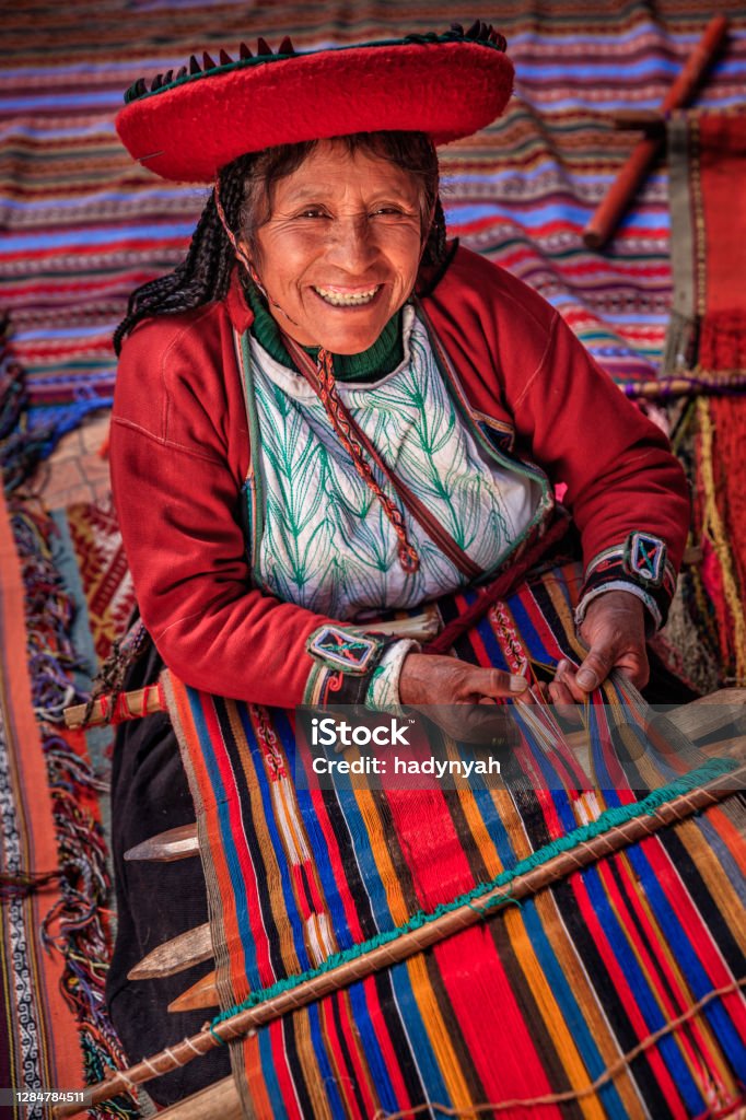 Peruvian woman weaving in The Sacred Valley, Chinchero The Sacred Valley of the Incas or Urubamba Valley is a valley in the Andes  of Peru, close to the Inca capital of Cusco and below the ancient sacred city of Machu Picchu. The valley is generally understood to include everything between Pisac  and Ollantaytambo, parallel to the Urubamba River, or Vilcanota River or Wilcamayu, as this Sacred river is called when passing through the valley. It is fed by numerous rivers which descend through adjoining valleys and gorges, and contains numerous archaeological remains and villages. The valley was appreciated by the Incas due to its special geographical and climatic qualities. It was one of the empire's main points for the extraction of natural wealth, and the best place for maize production in Peru.http://bem.2be.pl/IS/peru_380.jpg Peru Stock Photo