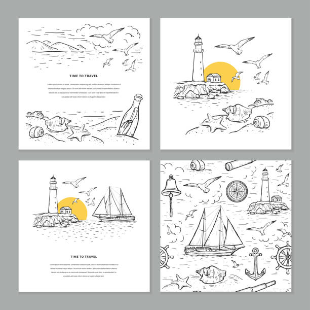 Time to travel sketch vector set illustrations. Seamless marine pattern and templates with vector sailboat,lighthouse, bottle, seagulls and sea. Time to travel sketch vector set illustrations. Seamless marine pattern and templates with vector sailboat,lighthouse, bottle, seagulls and sea. Design for invitation, web banner, print, textile lighthouse drawings stock illustrations
