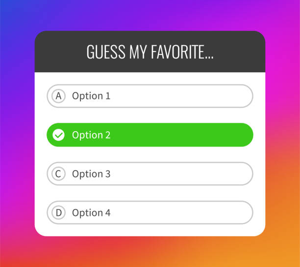 Quiz option. Question interface social media sticker, select and guess buttons mockup, frame on bright gradient background, windows with correct and incorrect answers, vector template Quiz option. Question interface social media sticker, select and guess buttons mockup, frame on bright gradient background, windows with correct and incorrect answers, web design vector template fairy tale stock illustrations