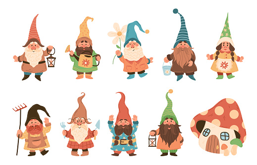 Gnome characters. Cute festive dwarfs with different attributes decoration yard collection, funny xmas fairy tale gnomes with lanterns and garden tools in hats colorful cartoon vector isolated set