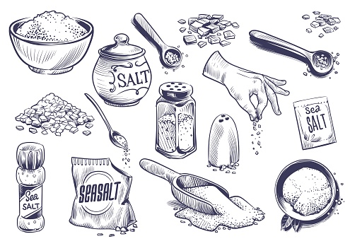 Hand drawn salt. Salting crystal, glass bottle with powder, spoon with spice, saltshaker sketch collection, himalayan or sea salt in engraved style set, cooking ingredient vector isolated illustration