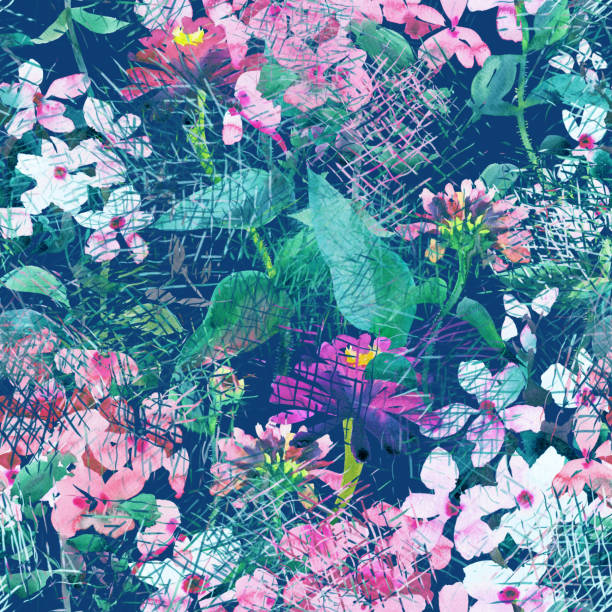 istock Watercolor floral seamless pattern. Hand drawn summer background made of meadow flowers with scratches hatching grunge texture. Flower buds blooming. Colorful botanical drawing for fabric and textile. 1284786546