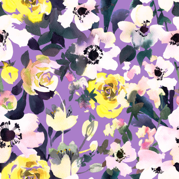 수채화 꽃 매끄러운 패턴. 말미잘, 데이지 꽃, 장미 싹의 ditsy. 빈티지 스타일의 심플한 식물 감촉. 여러 가지 빛깔의 여름 봄 모티프. - multi colored floral pattern acrylic painting purple stock illustrations
