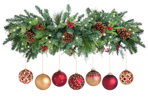 Christmas Pine Garland with Red and Gold Baubles Isolated on White