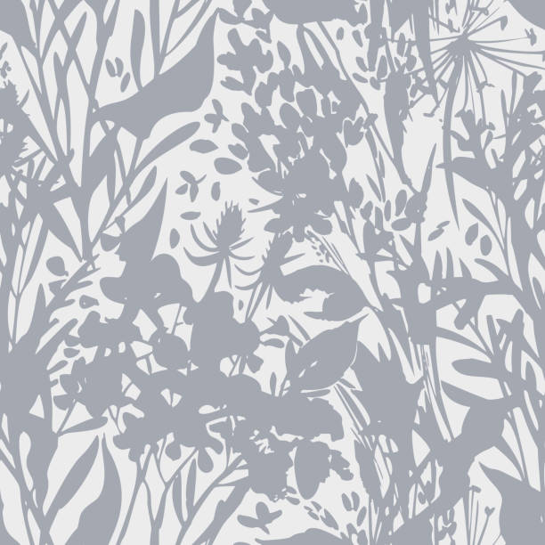 pflanzen silhouetten. blühende gartenblumen, kräuter, blätter und feldpflanzen im flachen vintage-stil. schlichte blumen ornament. hochsommerdekoration. - floral pattern flower backgrounds lush foliage stock-grafiken, -clipart, -cartoons und -symbole