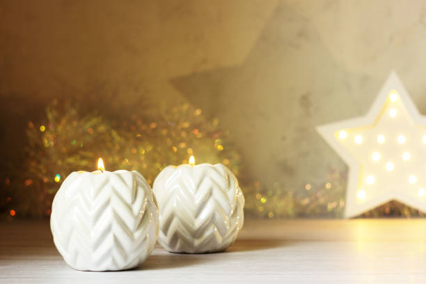 Christmas decoration with candles.Place for text, selective focus.Horizontal frame.
