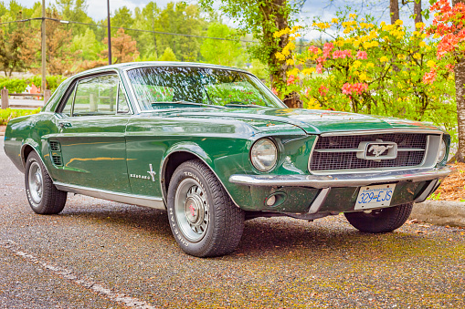 A green colored 1967 Ford Mustang is parked in a parking lot in Fort Langley, BC, Canada.