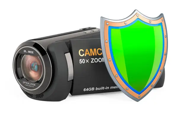 Camcorder, videocamera with shield, 3D rendering isolated on white background