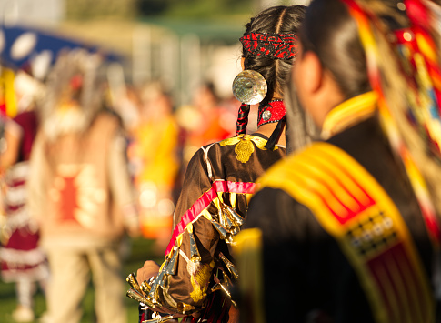 Chilliwack, British Columbia, Canada — 29 July 2017. The Squamish Nation 30th Annual Powwow, gathering of First Nations communities to honour their culture, share, respect, dance and drum. This is an example of exquisite regalia.