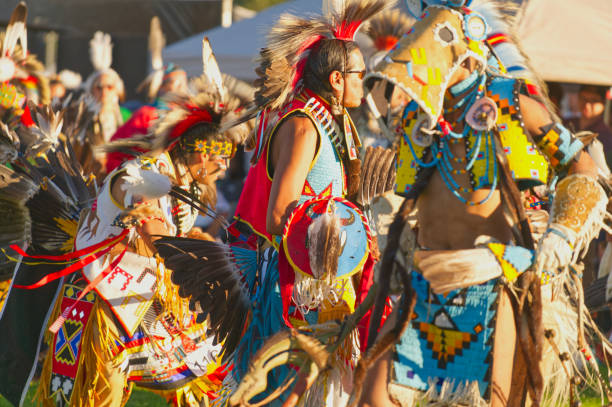 Chilliwack, British Columbia, Canada — 29 July 2017. The Squamish Nation 30th Annual Powwow, gathering of First Nations communities to honour their culture, share, respect, dance and drum. This is an example of exquisite regalia.