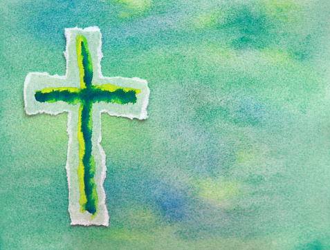 Watercolor painting of Christian Cross  with torn edges on a watercolor painted background
